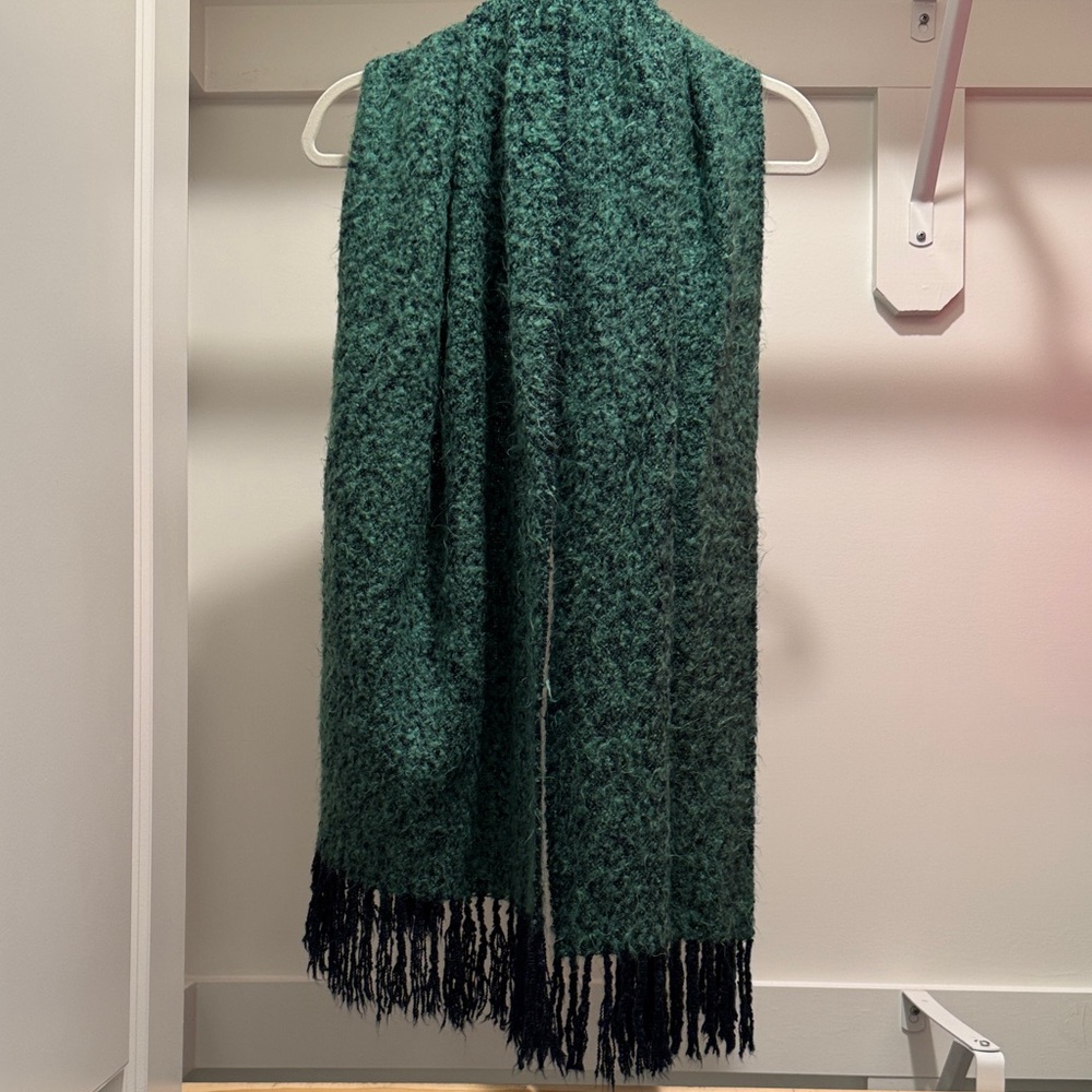 Green and Navy Fringe Fuzzy Scarf